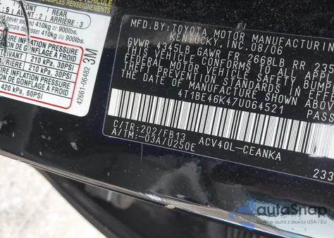 2007 Toyota Camry Le из США, поврежденный, VIN 4T1BE46K47U064521